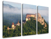 Klasičan slika na platnu s motivom SLOVAČKA, zamak, šuma, izmaglica, planine u smeđe-sivih nijansama, mirna atmosfera, priroda, trodijelna izvedba – glavna