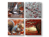 Kolaž slika na platnu s motivom Beauty of Autumn, vodopad, pejzaž, priroda u smeđe-narandžastih nijansama, mirna atmosfera, višedijelna izvedba – glavna