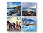 U boho stilu slika na platnu s motivom Walking through the Iceland, konji, planine, pejzaž, more i plaža u plavo-zelenih nijansama, višedijelna izvedba – glavna
