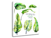 Moderan slika na platnu s motivom priroda u bijelo-zelenih nijansama, svježa atmosfera, priroda i tropski raj, pogodan za dnevnog boravka | Slika za zid s textom Palm tropical leaves – proizvod
