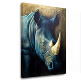 Sa zlatnim tiskom slika na platnu s motivom Rhino's Armor of the Savanna, životinja u plavo-zlatnih nijansama, veličanstvena atmosfera, pogodan za radne sobe – glavna
