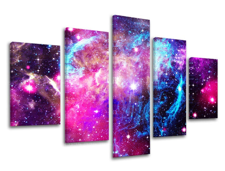 Pop art slika na platnu s motivom galaksija, zvijezde, svemir u bijelo-ljubičastih nijansama, eterična atmosfera, snovi, višedijelna izvedba, pogodan za dnevnog boravka – glavna