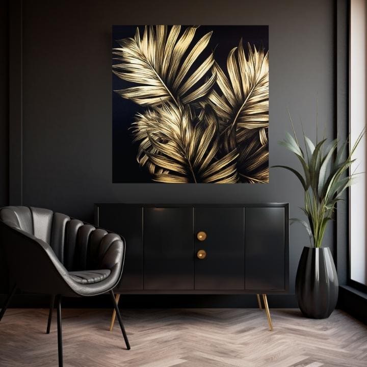 Sa zlatnim tiskom slika na platnu s motivom Timeless Elegance, priroda u zlatno-crnih nijansama, sofisticirana atmosfera, luksuzan utisak i tropski raj – proizvod