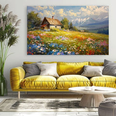 Moderan slika na platnu s motivom Šarena cvjetna livada, planine, nebo, ptice u plavo-bijelih nijansama, mirna atmosfera, priroda i dom | Slika na platnu Šarena cvjetna livada – proizvod