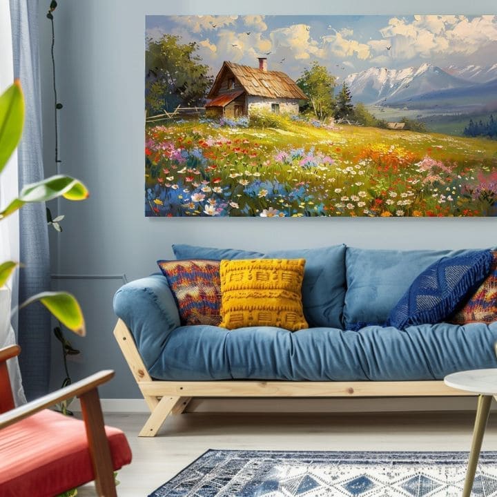 Moderan slika na platnu s motivom Šarena cvjetna livada, planine, nebo, ptice u plavo-bijelih nijansama, mirna atmosfera, priroda i dom | Slika na platnu Šarena cvjetna livada – proizvod, pogled 2