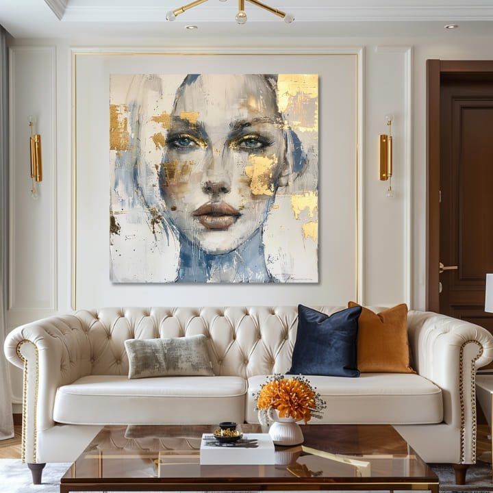 Art deko slika na platnu s motivom žena, lice, ljudi u bijelo-bežih nijansama, eterična atmosfera, elegancija, pogodan za dnevnog boravka | Elegantan slika žene Prenikavý pogled – proizvod