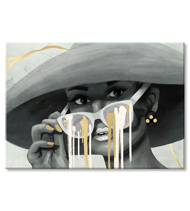 Pop art slika na platnu s motivom PREMIUM ART – Žena v klobúku, priroda u sivo-zlatnih nijansama, stilska atmosfera, ljepota i tajna, pogodan za spavaće sobe – proizvod, pogled 2