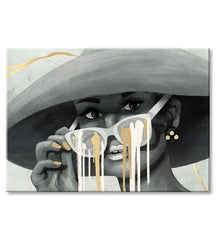 Pop art slika na platnu s motivom PREMIUM ART – Žena v klobúku, priroda u sivo-zlatnih nijansama, stilska atmosfera, ljepota i tajna, pogodan za spavaće sobe – proizvod, pogled 2