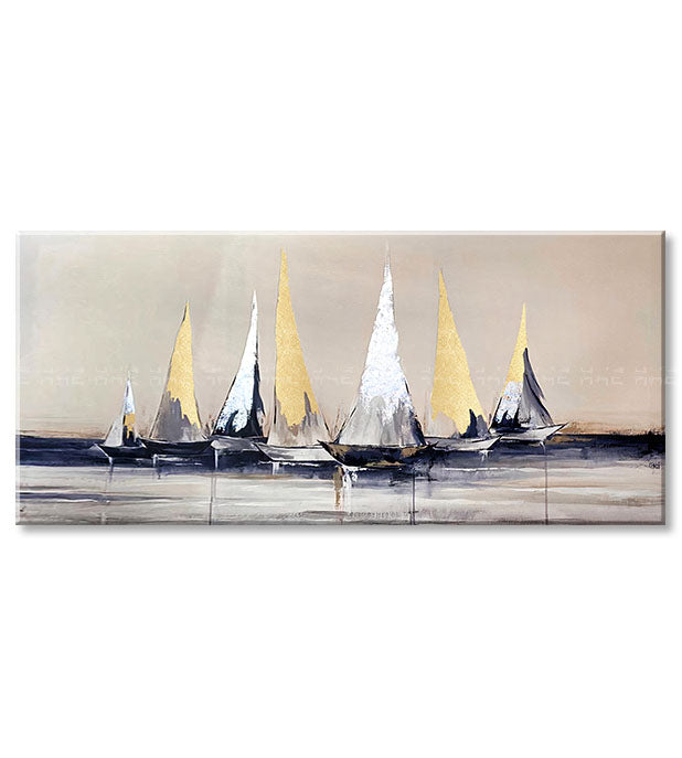 Ručno slikan slika na platnu s motivom PREMIUM ART – Plachetnice na moru, nebo, priroda u bijelo-bežih nijansama, mirna atmosfera, pogodan za dnevnog boravka – proizvod, pogled 2