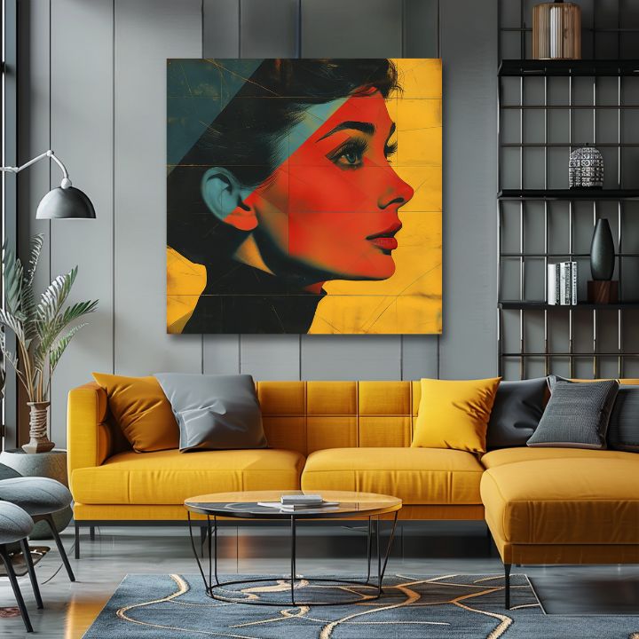 Moderan slika na platnu s motivom Elegantna ikona u žuto-crnih nijansama, stilska atmosfera, ljepota i nostalgija | Audrey Hepburn slika na platnu - Elegantna ikona – proizvod, pogled 2