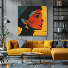 Moderan slika na platnu s motivom Elegantna ikona u žuto-crnih nijansama, stilska atmosfera, ljepota i nostalgija | Audrey Hepburn slika na platnu - Elegantna ikona – proizvod, pogled 2