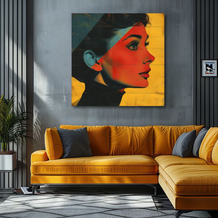 Moderan slika na platnu s motivom Elegantna ikona u žuto-crnih nijansama, stilska atmosfera, ljepota i nostalgija | Audrey Hepburn slika na platnu - Elegantna ikona – proizvod