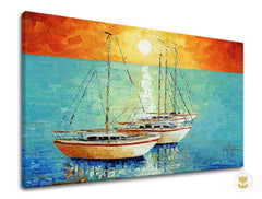 U boho stilu slika s motivom BRODOVI, sunce, more i plaža u plavo-tirkiznih nijansama | Autorska reprodukcija na platnu BRODOVI – pregled