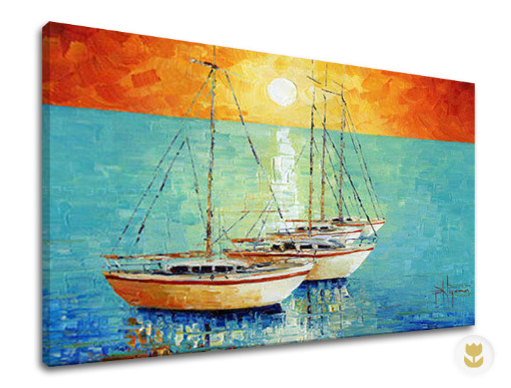 U boho stilu slika na platnu s motivom BRODOVI, sunce, more i plaža u plavo-tirkiznih nijansama, mirna atmosfera, pogodan za dnevnog boravka | Autorska reprodukcija na platnu BRODOVI – glavna