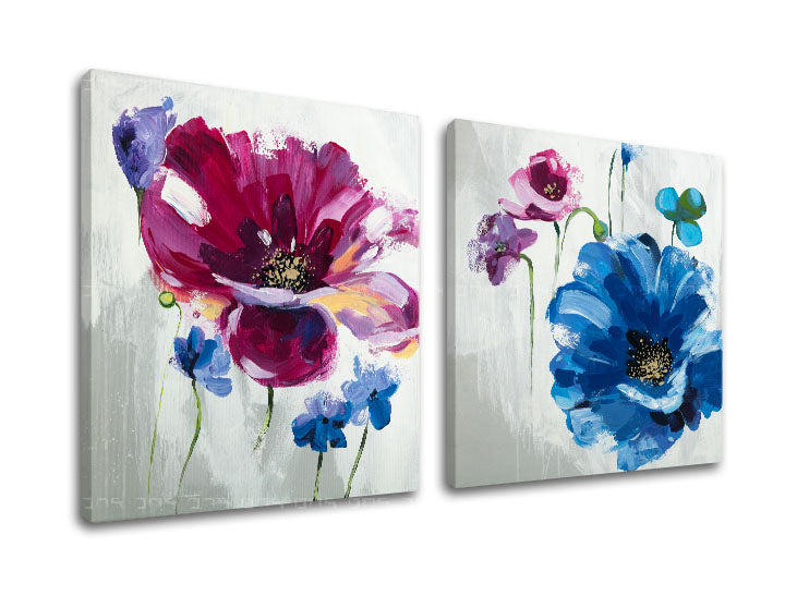 U boho stilu slika na platnu s motivom cvijeće, mak, margareta, botanički motiv, priroda u bijelo-ljubičastih nijansama, vesela atmosfera, pogodan za dnevnog boravka – glavna
