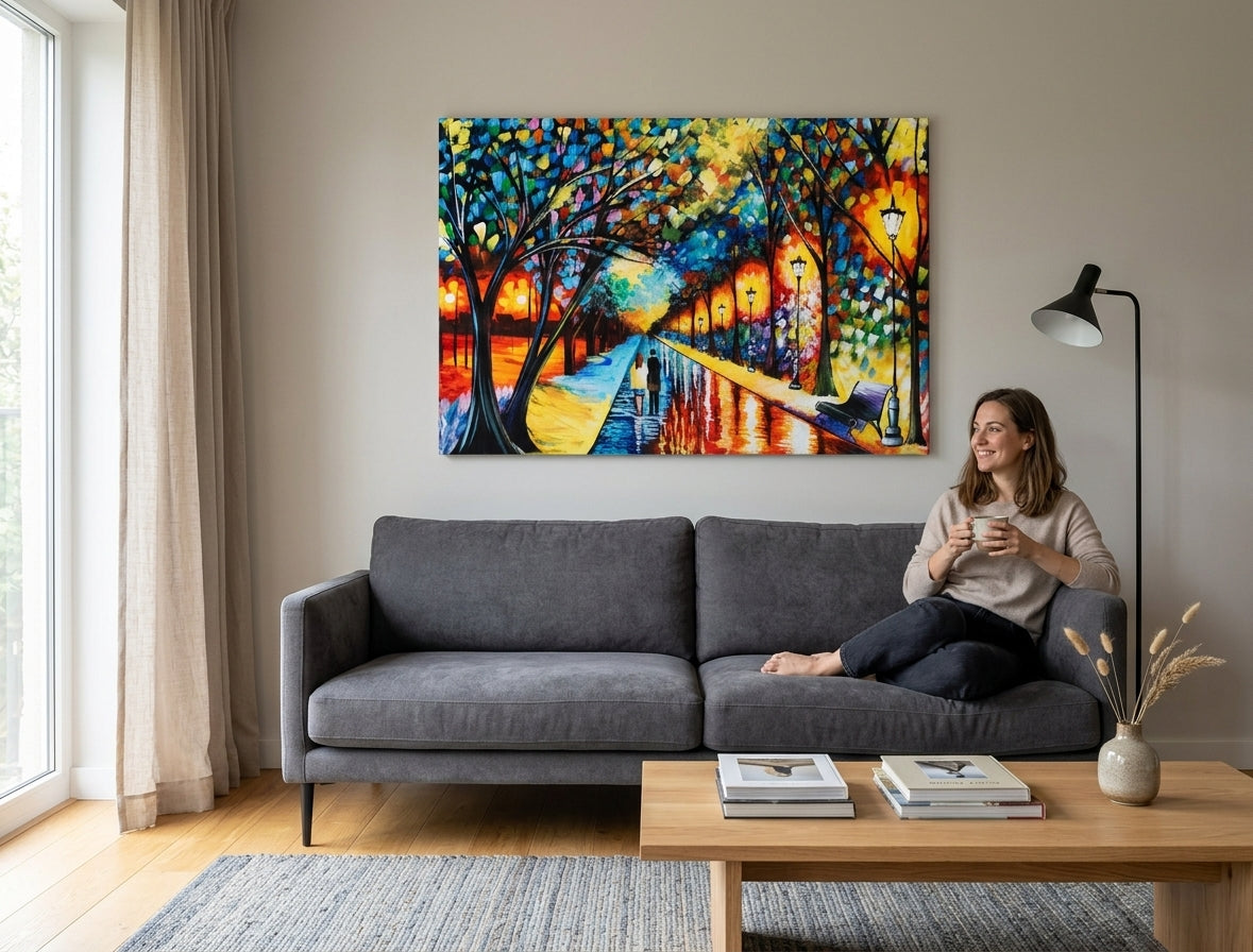 U boho stilu slika na platnu s motivom par, drveće, stazica, klupa u parku, pejzaž u plavo-narandžastih nijansama okačena u enterijeru dnevnog boravka – enterijer