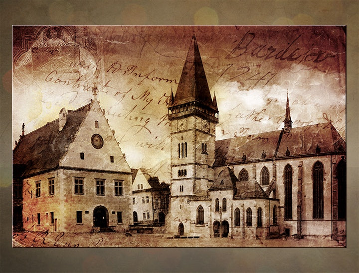 Klasičan slika s motivom arhitektura, gradski motiv, religiozni motiv u smeđih nijansama | Bardejov – pregled