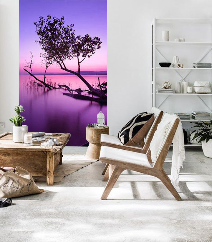 Moderan slika na platnu s motivom + ljepilo Besplatno, drvo, nebo, zalazak sunca, priroda u ljubičasto-ružičastih nijansama okačena u enterijeru spavaće sobe – enterijer