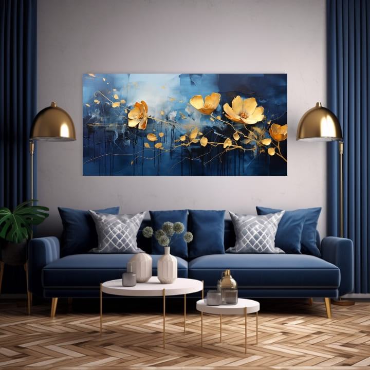 Moderan slika na platnu s motivom Modrá oáza radosti, cvijeće, priroda u plavo-zlatnih nijansama, elegantna atmosfera, priroda i elegancija, pogodan za dnevnog boravka – proizvod
