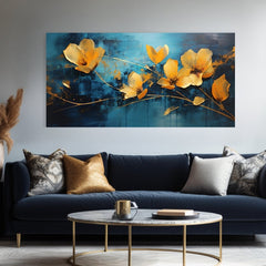 Moderan slika na platnu s motivom Jemnosť modrého sveta, cvijeće, priroda u plavo-zlatnih nijansama, elegantna atmosfera, priroda i elegancija, pogodan za kancelarije – proizvod