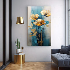 Art deko slika na platnu s motivom Zlatá nádhera na modrom platnu, cvijeće, makovi, lišće, priroda u bež-plavih nijansama, mirna atmosfera – proizvod
