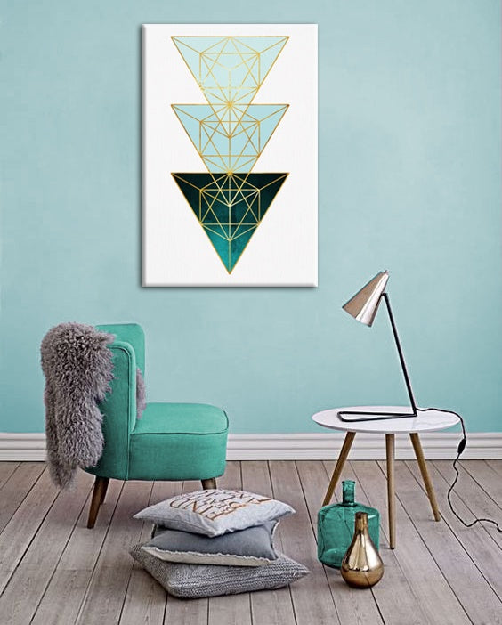 Geometrijski slika na platnu s motivom Pure Meditation u bijelo-zelenih nijansama okačena u enterijeru dnevnog boravka, mirna atmosfera | Slika za zid Pure Meditation – enterijer