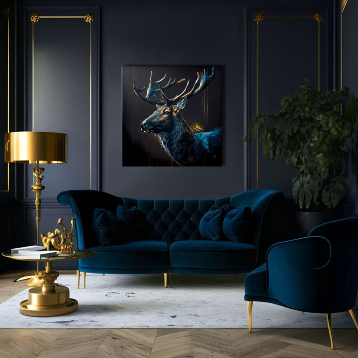 Art deko slika na platnu s motivom PREMIUM ART - Peaceful Forest Guardian, jelen u plavo-zlatnih nijansama, veličanstvena atmosfera, pogodan za radne sobe – proizvod, pogled 3