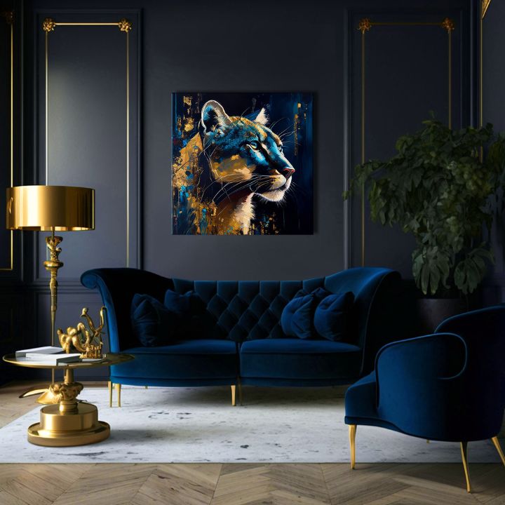 Art deko slika na platnu s motivom PREMIUM ART - Silent Puma's Gaze, pejzaž, priroda u plavo-zlatnih nijansama, veličanstvena atmosfera, pogodan za radne sobe – proizvod, pogled 2
