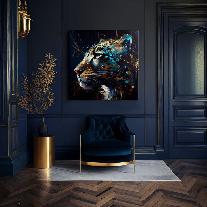 Pop art slika na platnu s motivom PREMIUM ART - Spotted Hunter's Elegance u plavo-zlatnih nijansama, veličanstvena atmosfera, luksuzan utisak i snaga – proizvod, pogled 2