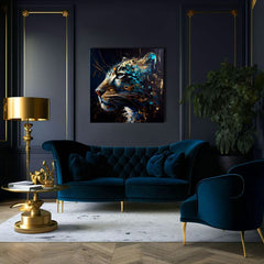 Pop art slika na platnu s motivom PREMIUM ART - Spotted Hunter's Elegance u plavo-zlatnih nijansama, veličanstvena atmosfera, luksuzan utisak i snaga – proizvod, pogled 3