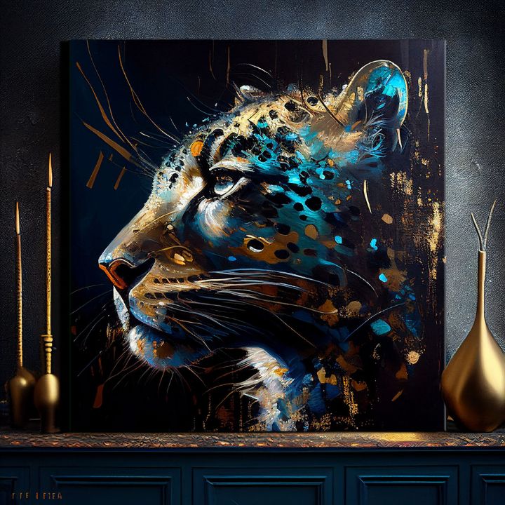 Pop art slika na platnu s motivom PREMIUM ART - Spotted Hunter's Elegance u plavo-zlatnih nijansama, veličanstvena atmosfera, luksuzan utisak i snaga – proizvod
