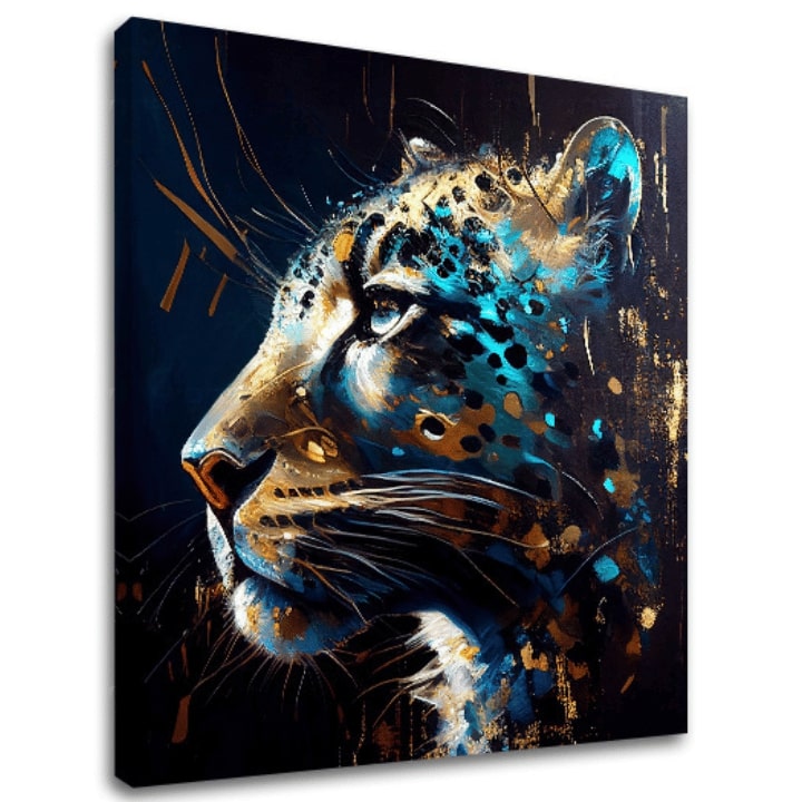 Pop art slika na platnu s motivom PREMIUM ART - Spotted Hunter's Elegance u plavo-zlatnih nijansama, veličanstvena atmosfera, luksuzan utisak i snaga – glavna