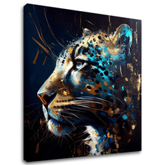 Pop art slika na platnu s motivom PREMIUM ART - Spotted Hunter's Elegance u plavo-zlatnih nijansama, veličanstvena atmosfera, luksuzan utisak i snaga – glavna