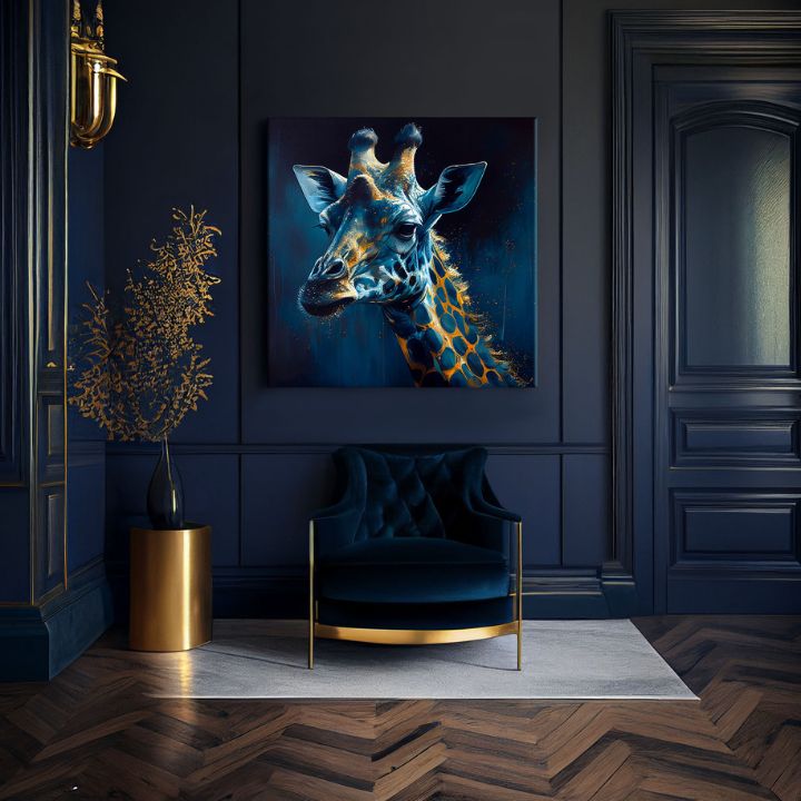 Pop art slika na platnu s motivom PREMIUM ART - Towering Majesty of Giraffe, pejzaž, priroda u plavo-zlatnih nijansama, priroda, pogodan za radne sobe – proizvod, pogled 2