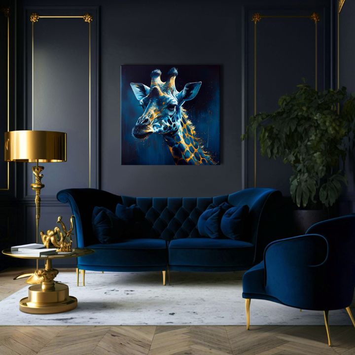 Pop art slika na platnu s motivom PREMIUM ART - Towering Majesty of Giraffe, pejzaž, priroda u plavo-zlatnih nijansama, priroda, pogodan za radne sobe – proizvod, pogled 3