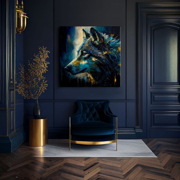 Art deko slika na platnu s motivom PREMIUM ART - Wilderness in Wolf Eyes, vlk u plavo-zlatnih nijansama, intenzivna atmosfera, pogodan za radne sobe – proizvod, pogled 2