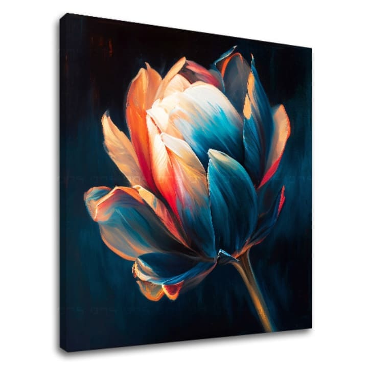 U boho stilu slika na platnu s motivom Prebudenie krásy, tulipan, cvijet, cvijeće, priroda u plavo-narandžastih nijansama, elegantna atmosfera, pogodan za hodnika – glavna