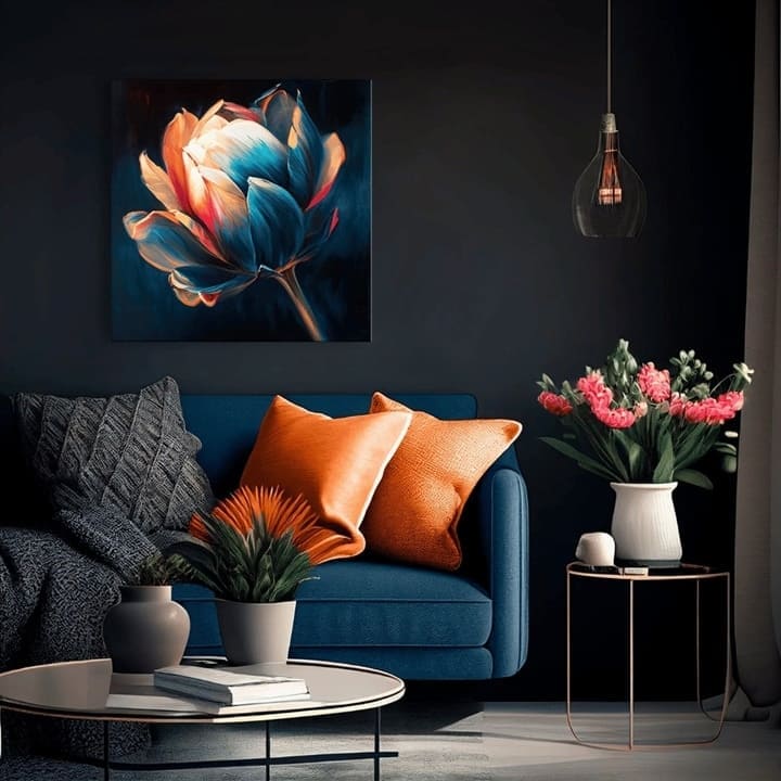U boho stilu slika na platnu s motivom Prebudenie krásy, tulipan, cvijet, cvijeće, priroda u plavo-narandžastih nijansama, elegantna atmosfera, pogodan za hodnika – proizvod, pogled 2