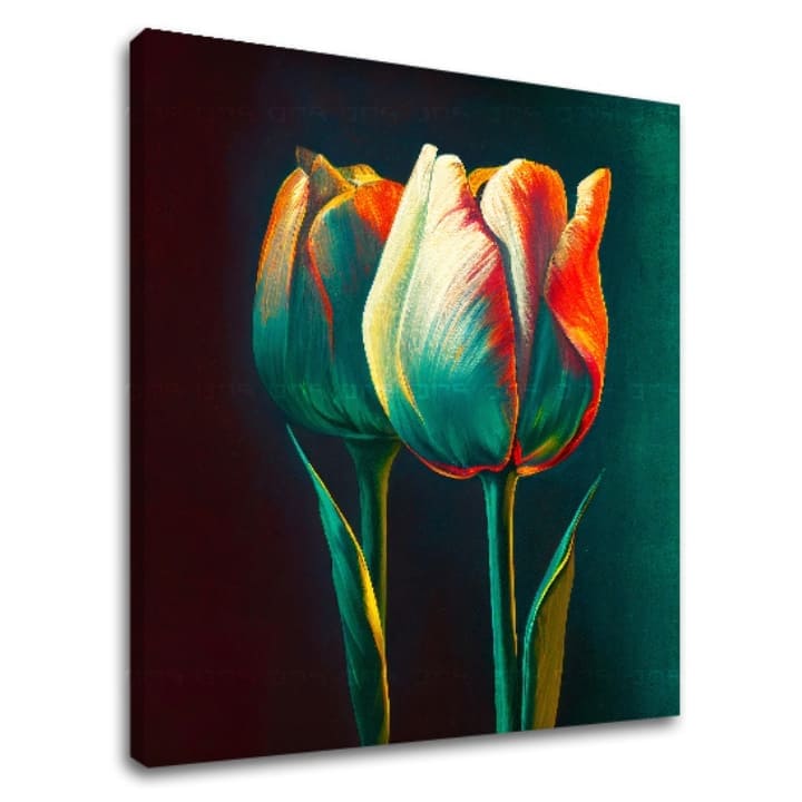 Pop art slika na platnu s motivom JUTRO S TULIPANOM, tulipani, cvijeće, lišće, priroda u bijelo-narandžastih nijansama, dramatična atmosfera, pogodan za kuhinje – glavna