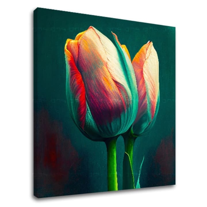 Pop art slika na platnu s motivom DAH PROLJEĆA NA ZIDU, tulipani, cvijeće, priroda u plavo-narandžastih nijansama, elegantna atmosfera, pogodan za kuhinje – glavna