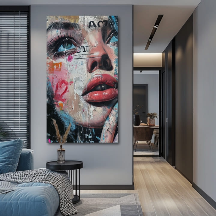 Art deko slika na platnu s motivom žena, lice, ljudi u bijelo-plavih nijansama, drska atmosfera, gradski život i ljepota, pogodan za kancelarije | Elegantan slika žene Farby ulice – proizvod