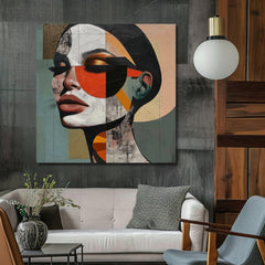 Pop art slika na platnu s motivom žena, lice, ljudi u bež-plavih nijansama, stilska atmosfera, ljepota, pogodan za kancelarije | Elegantan slika žene Harmonija tvarov – proizvod, pogled 2