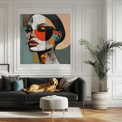 Pop art slika na platnu s motivom žena, lice, ljudi u bež-plavih nijansama, stilska atmosfera, ljepota, pogodan za kancelarije | Elegantan slika žene Harmonija tvarov – proizvod
