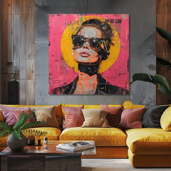 Pop art slika na platnu s motivom žena, portret, ljudi u narandžasto-ružičastih nijansama, drska atmosfera, gradski život i pop kultura, pogodan za kancelarije – proizvod, pogled 2