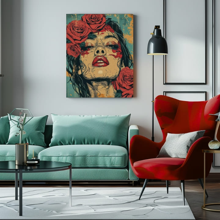 Geometrijski slika na platnu s motivom žena, ruže, lice, cvijeće, religiozni motiv u plavo-zelenih nijansama, melanholična atmosfera | Elegantan slika žene Vášeň – proizvod