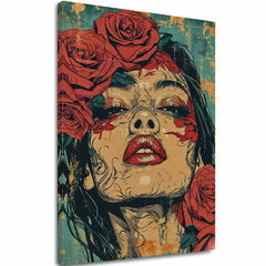 Geometrijski slika na platnu s motivom žena, ruže, lice, cvijeće, religiozni motiv u plavo-zelenih nijansama, melanholična atmosfera | Elegantan slika žene Vášeň – glavna