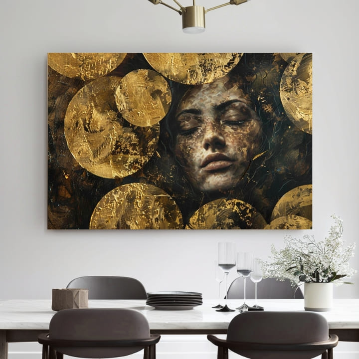 Art deko slika na platnu s motivom religiozni motiv, ljudi u zlatno-crnih nijansama, duhovnost i snovi, pogodan za dnevnog boravka | Elegantan slika žene Pod hladinou – proizvod, pogled 2