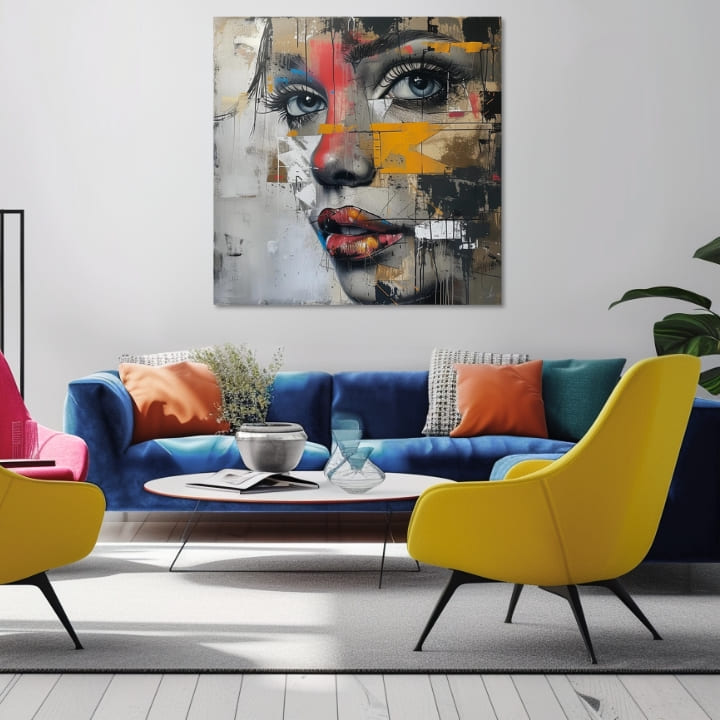 U boho stilu slika na platnu s motivom priroda, ljudi u plavo-zlatnih nijansama, intenzivna atmosfera, pogodan za kancelarije | Elegantan slika žene Návšteva z budúcnosti – proizvod, pogled 2