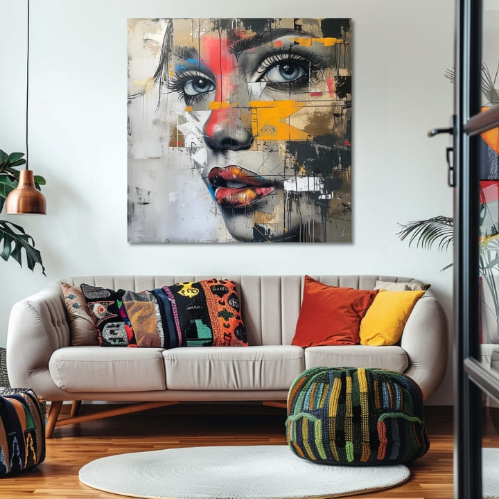 U boho stilu slika na platnu s motivom priroda, ljudi u plavo-zlatnih nijansama, intenzivna atmosfera, pogodan za kancelarije | Elegantan slika žene Návšteva z budúcnosti – proizvod