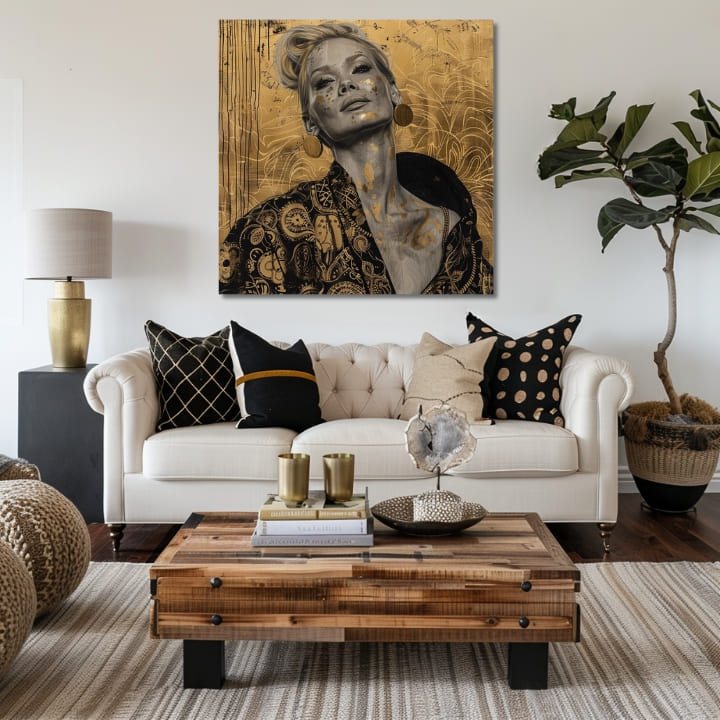 Art deko slika na platnu s motivom žena, portret, ljudi u bež-zlatnih nijansama, elegantna atmosfera, luksuzan utisak, pogodan za dnevnog boravka | Elegantan slika žene Samopouzdanje – proizvod, pogled 2